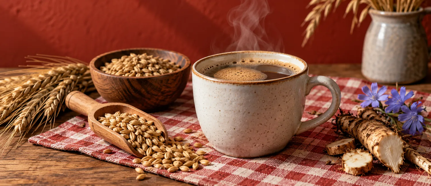 Ein dampfendes Häferl Getreidekaffee mit Gerste, Roggen und Zichorie auf einem Küchentisch