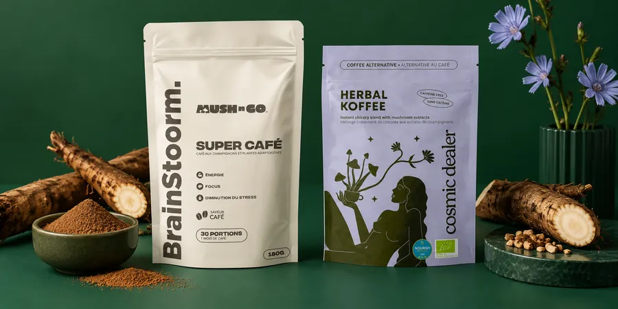 Brainstoorm Coffee von Mush N Go und Herbal Koffee von Cosmic Dealer mit Zichorienwurzeln