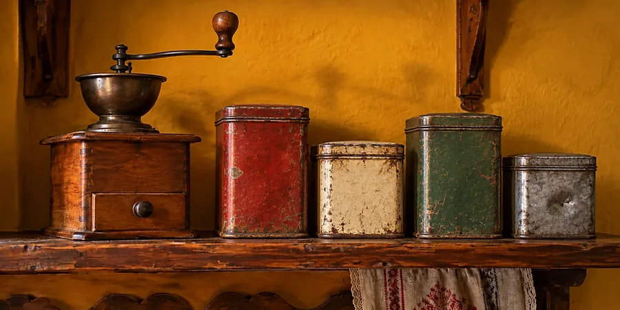 Alte unbeschriftete Blechdosen und eine Kaffeemühle im Küchenregal