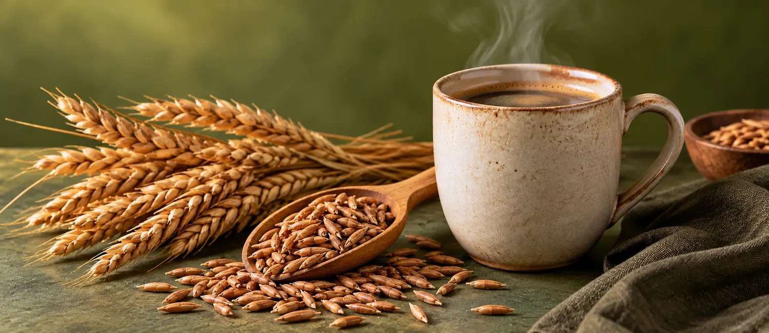 Dinkelähren, geröstete Dinkelkörner und ein dampfendes Häferl
