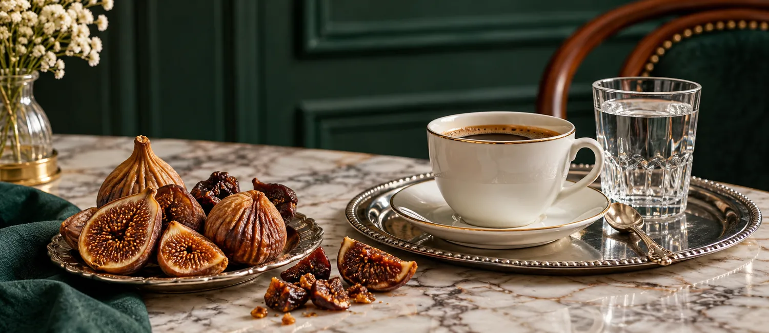 Getrocknete und geröstete Feigen neben einer Tasse auf einem Marmortisch im Wiener Kaffeehausstil