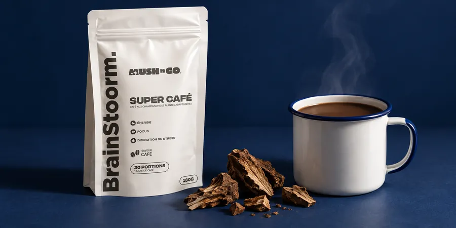 Brainstoorm Coffee von Mush N Go mit Zichorienwurzel und einer Tasse