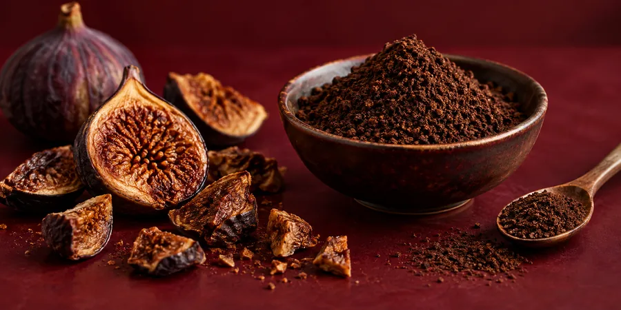 Geröstete Feigenstücke und gemahlener Feigenkaffee in einer Schale