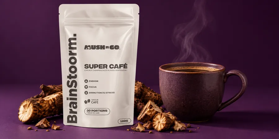 Brainstoorm Coffee von Mush N Go mit Zichorienwurzel und einer Tasse