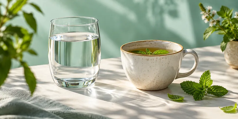 Ein Glas Wasser und eine Tasse Kräutertee auf einem hellen Tisch