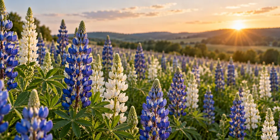 Blühende Süßlupinen in Blau und Weiß auf einem Feld