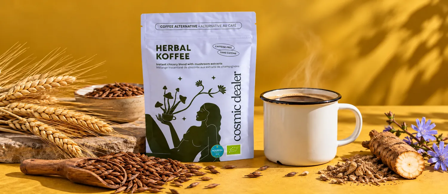 Herbal Koffee von Cosmic Dealer mit Gerstenähren, Malzkörnern und einem Häferl