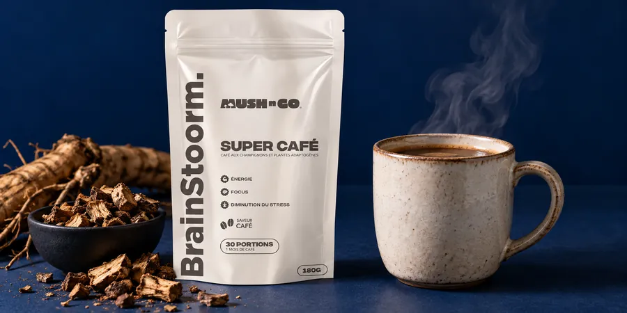 Brainstoorm Coffee von Mush N Go mit Zichorienwurzel neben einem Häferl