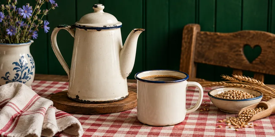 Alte Emaillekanne und Häferl mit Malzkaffee auf einem Küchentisch
