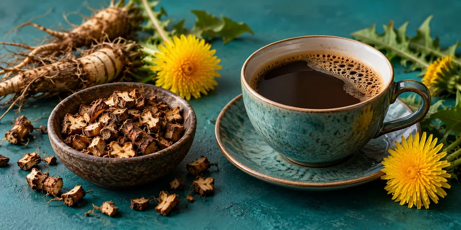 Geröstete Löwenzahnwurzeln neben blühendem Löwenzahn und einer Tasse