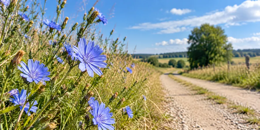 Blau blühende Wegwarte am Wegrand im Sommer